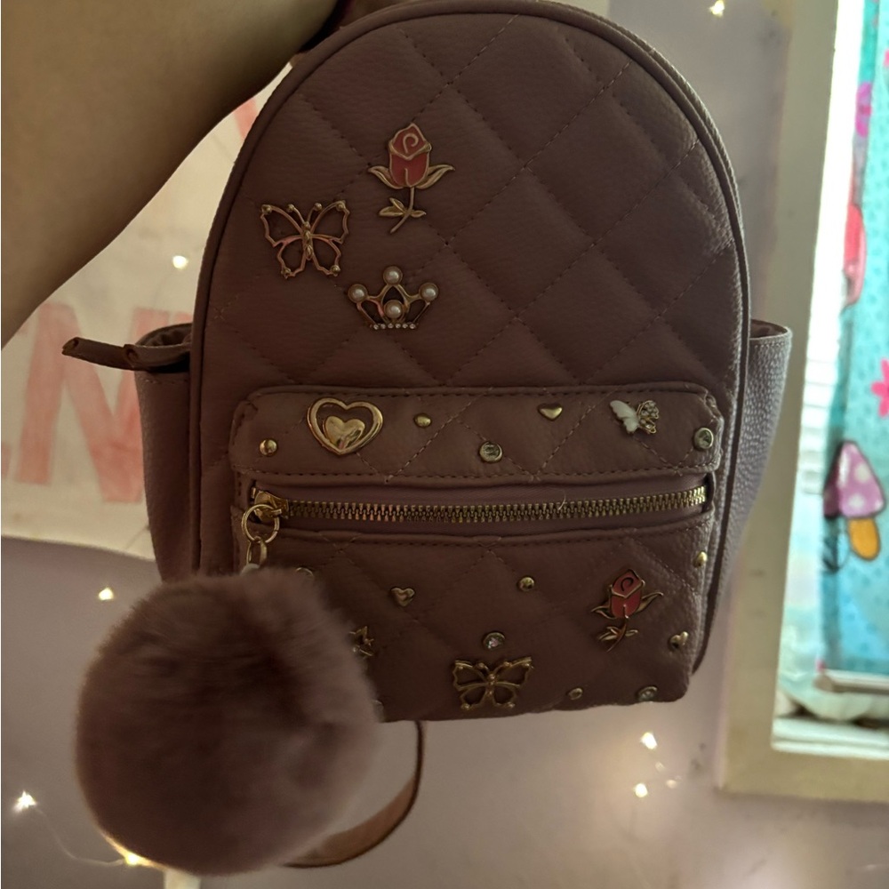 Mini book-bag full of charms and pom Pom keychain  (light purple/ mauve)